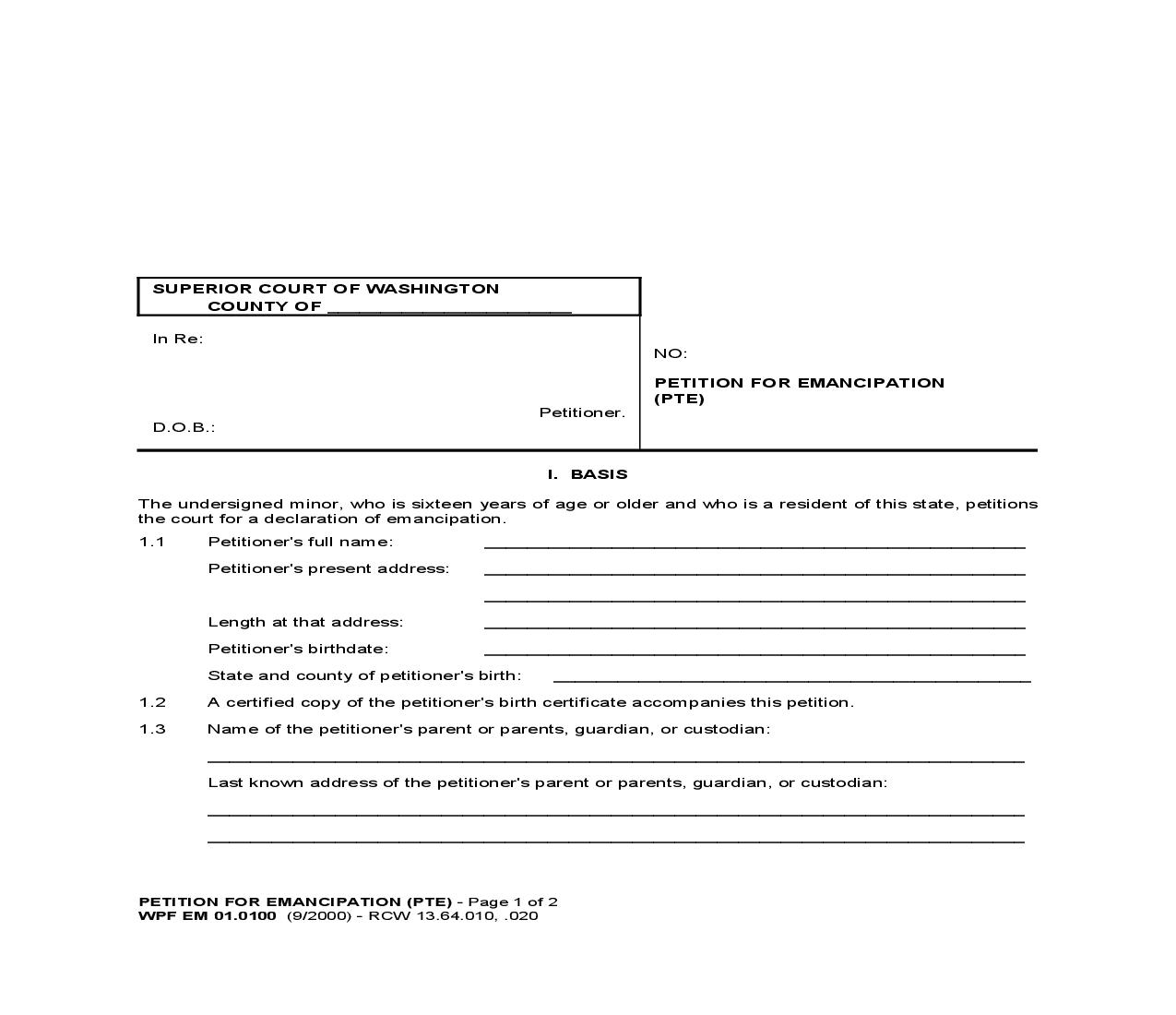 Petition For Emancipation {EM 01.0100} | Pdf Fpdf Doc Docx | Washington