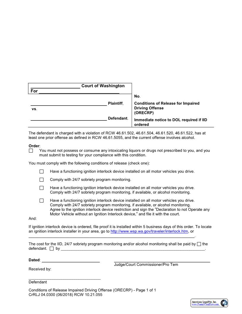Conditions Of Release For Impaired Driving Offense {CR 04.0300} | Pdf Fpdf Docx | Washington