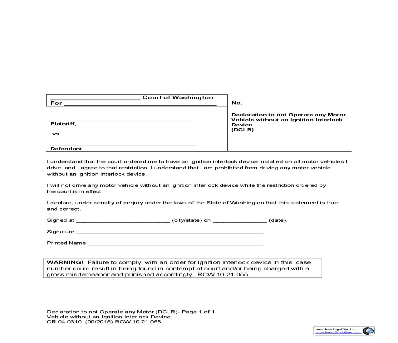 Declaration To Not Operate Any Motor Vehicle Without An Ignition Interlock {CR 04.0310} | Pdf Fpdf Doc Docx | Washington