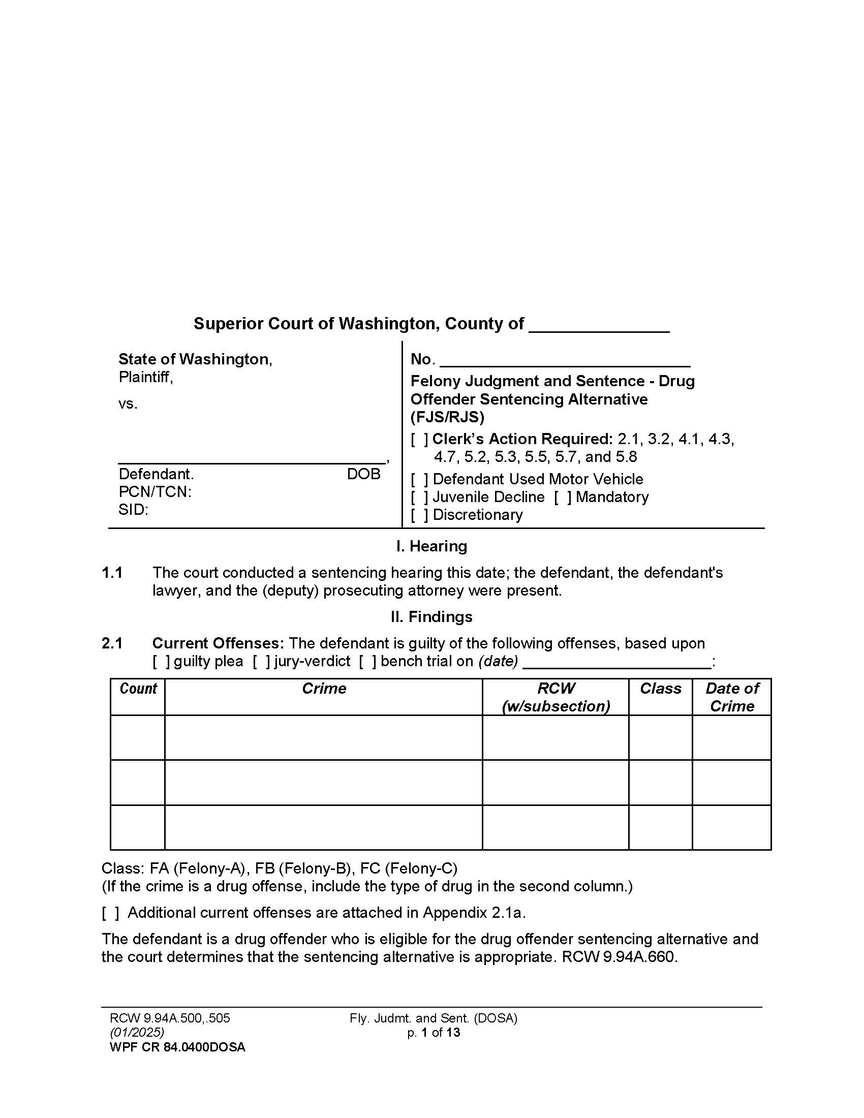 Felony Judgment And Sentence Drug Offender Sentencing Alternative {CR 84.0400 DOSA} | Pdf Fpdf Docx | Washington
