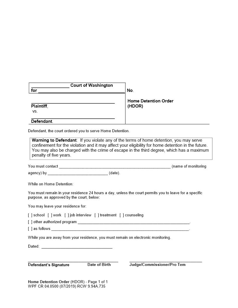 Home Detention Order {CR 04.0500} | Pdf Fpdf Doc Docx | Washington