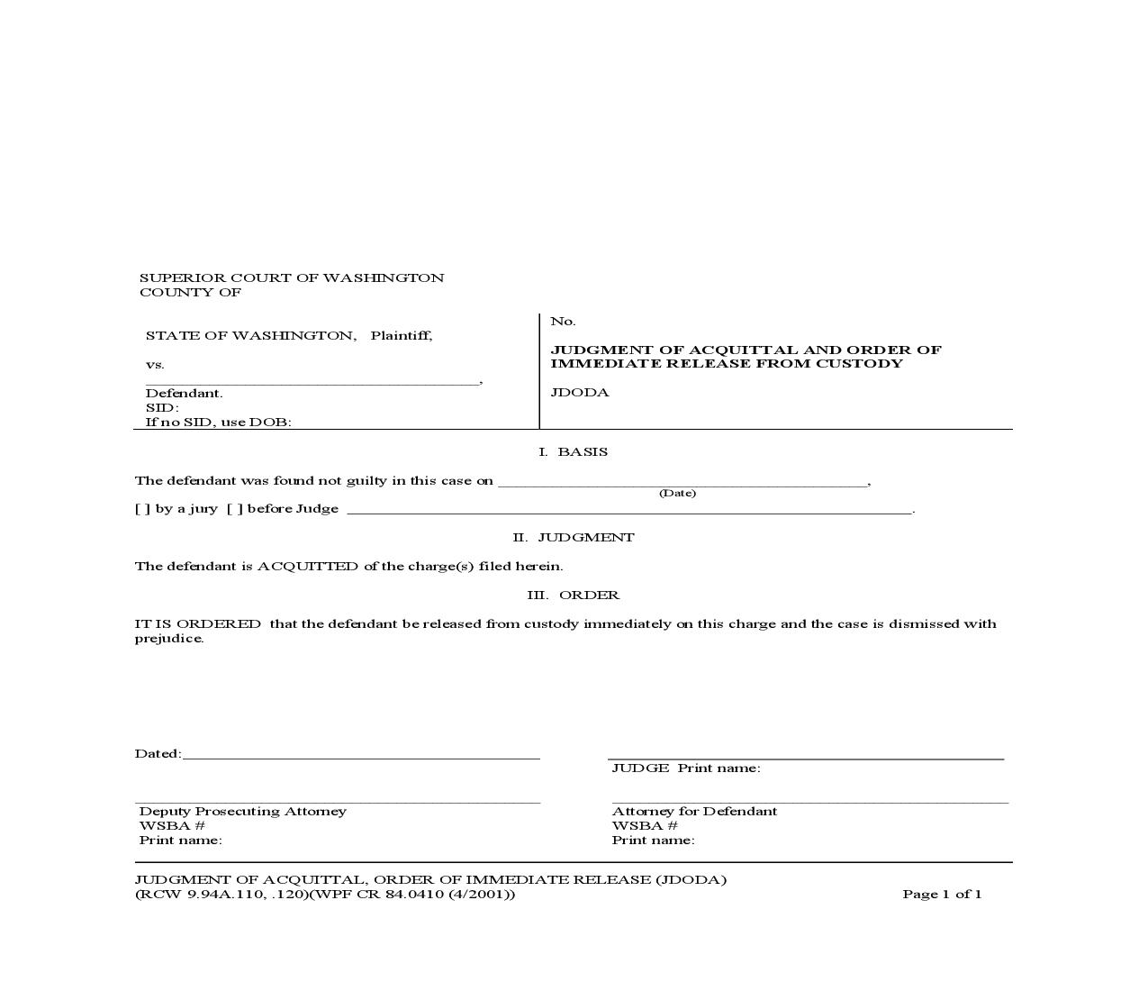 Judgment Of Acquittal And Order Of Immediate Release From Custody {CR 84.0410} | Pdf Fpdf Doc Docx | Washington