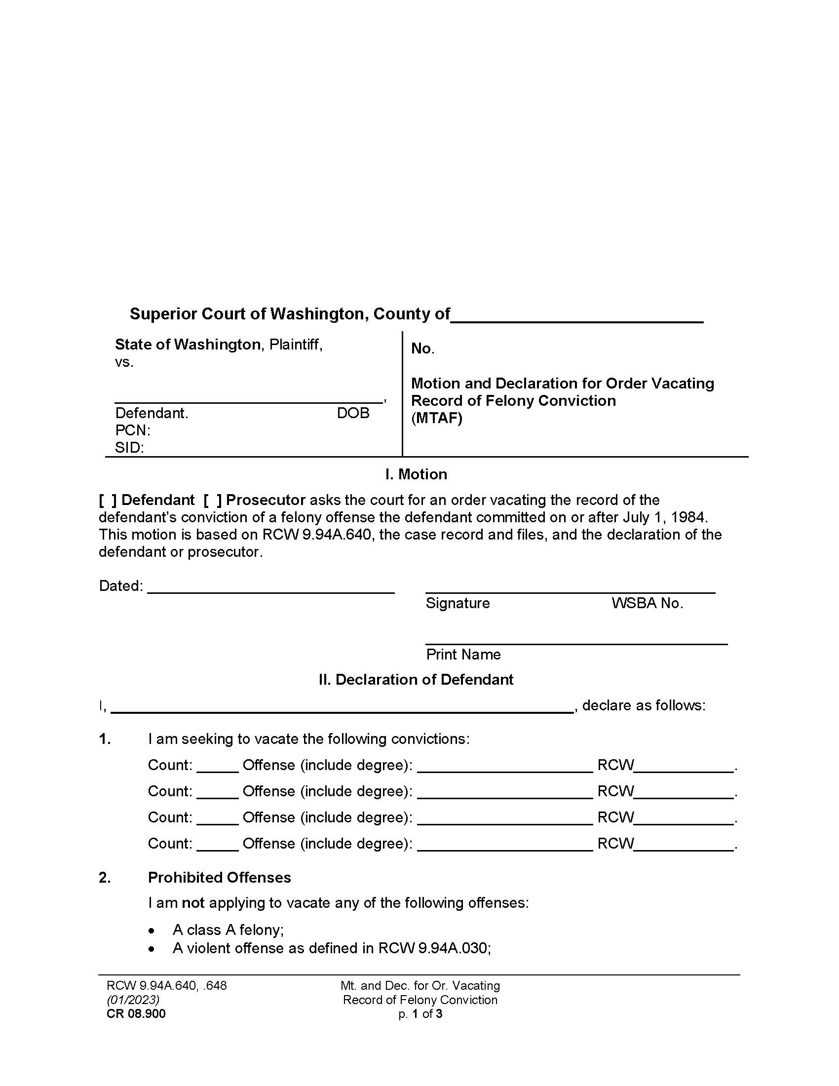 Motion And Declaration For Order Vacating Record Of Felony Conviction {CR 08.0900} | Pdf Fpdf Docx | Washington