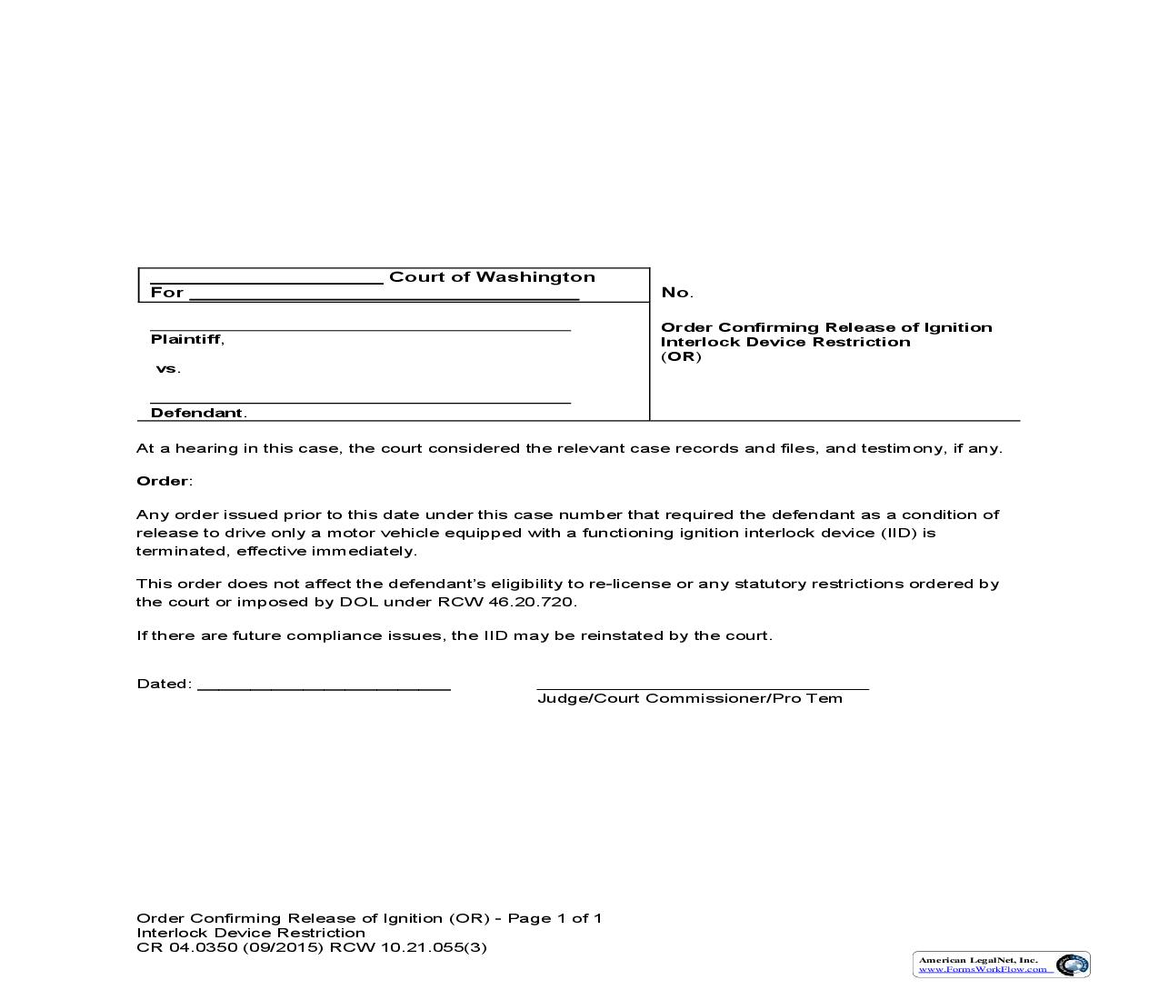 Order Confirming Release Of Ignition Interlock Device Restriction {CR 04.0350} | Pdf Fpdf Doc Docx | Washington