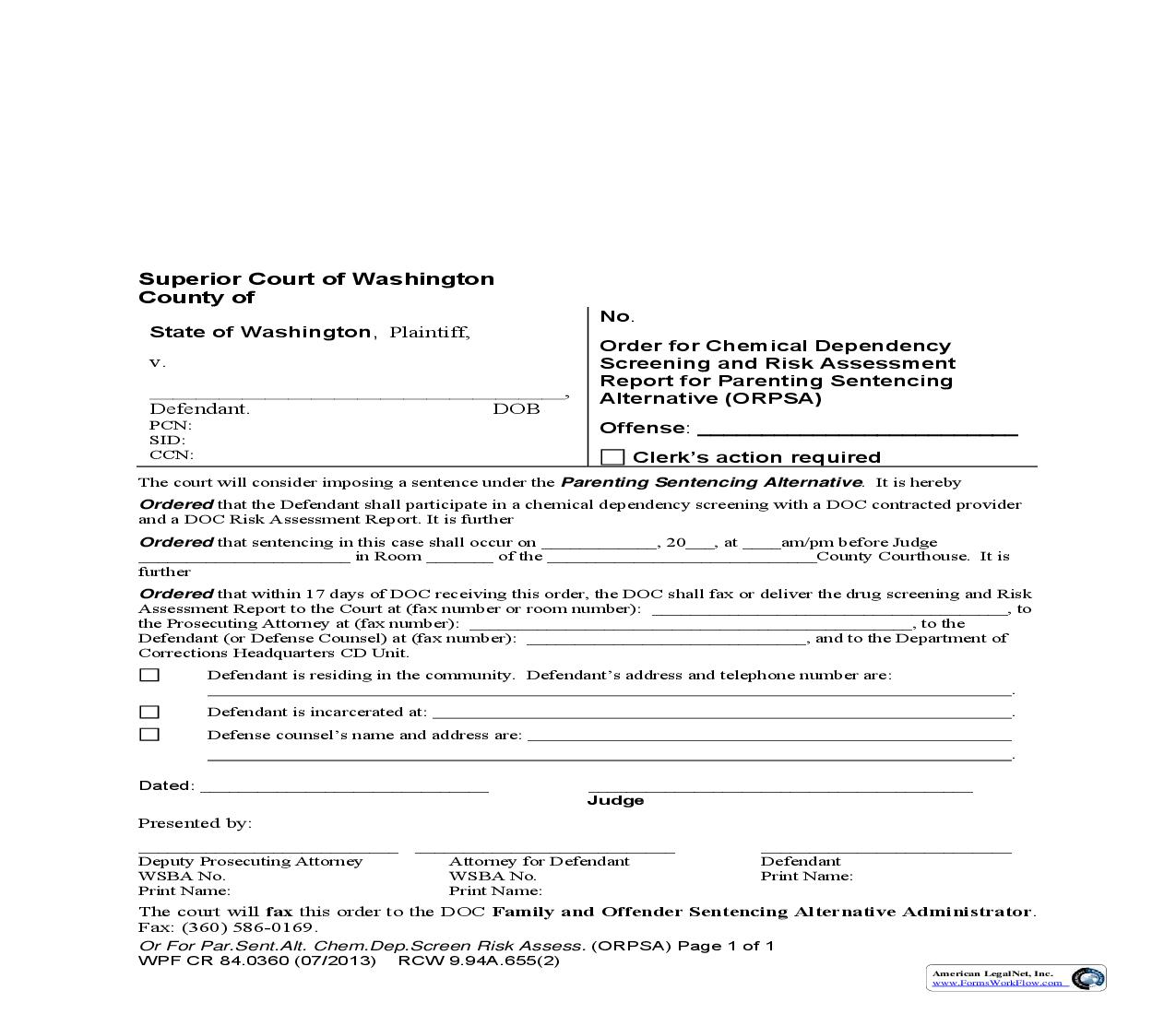 Order For Chemical Dependency Screening {CR 84.0360} | Pdf Fpdf Doc Docx | Washington