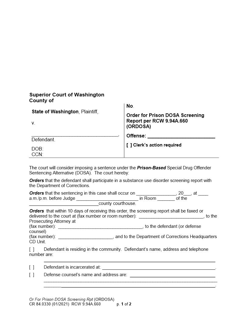 Order For Prison DOSA Screening Report {CR 84.0330} | Pdf Fpdf Doc Docx | Washington
