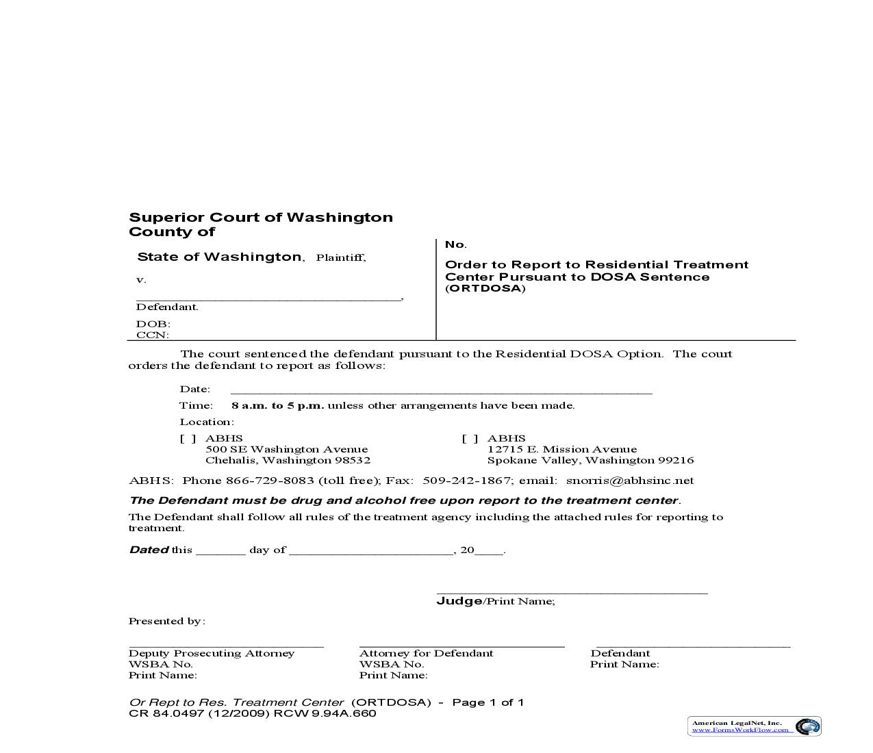 Order To Report To Residential Treatment Center Pursuant TO DOSA Sentence {CR 84.0497} | Pdf Fpdf Doc Docx | Washington