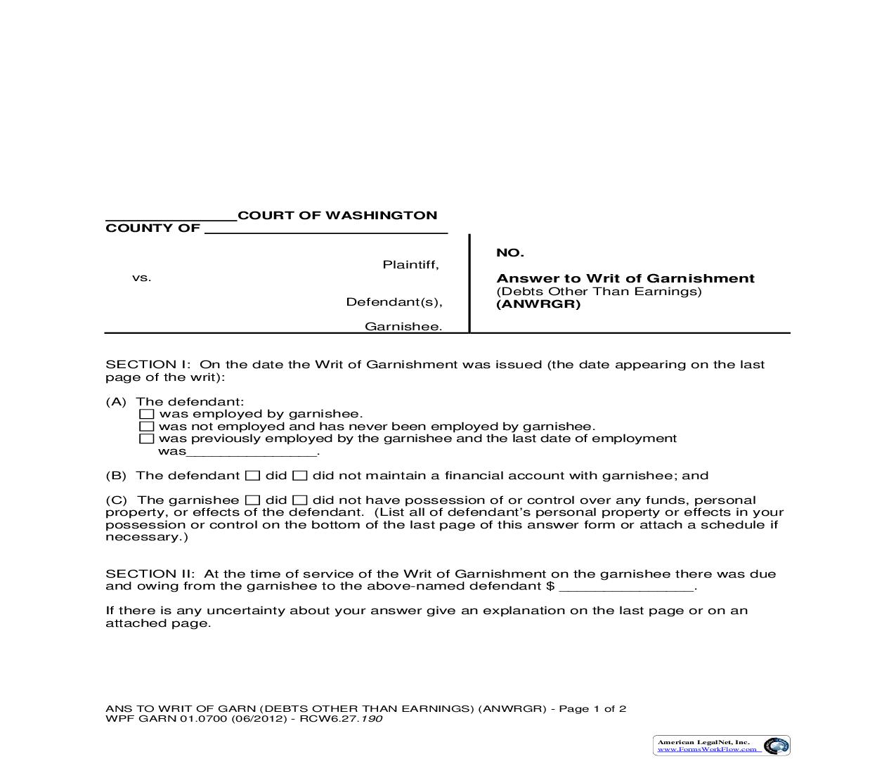 Answer To Writ Of Garnishment (Debts Other Than Earnings) {GARN 01.0700} | Pdf Fpdf Doc Docx | Washington