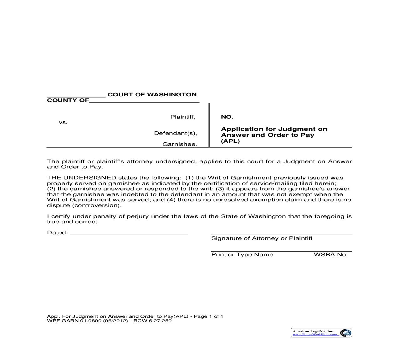 Application For Judgment On Answer And Order To Pay {GARN 01.0800} | Pdf Fpdf Doc Docx | Washington