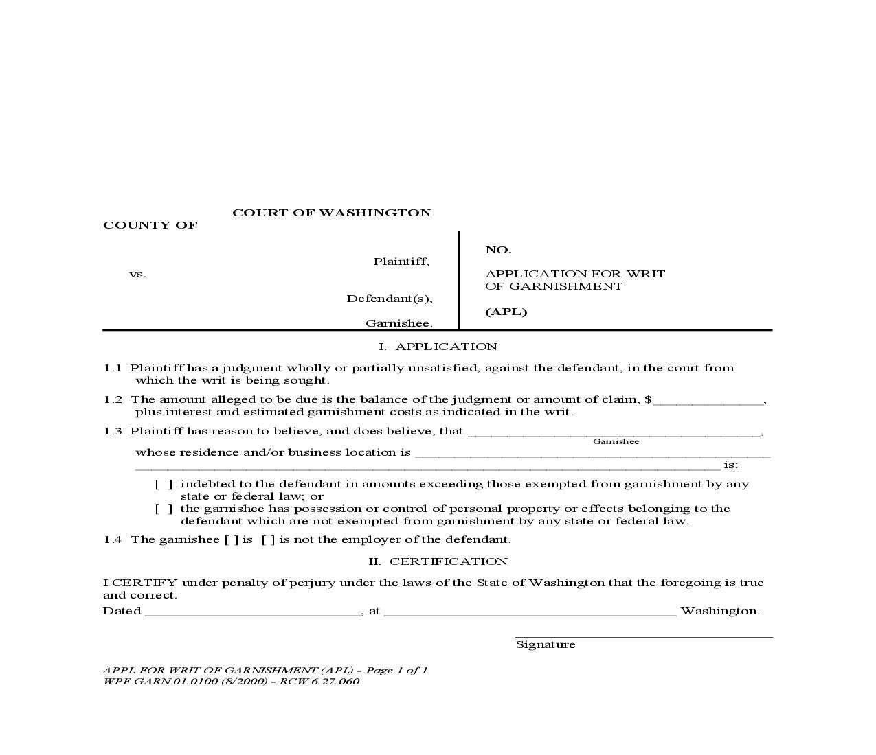 Application For Writ Of Garnishment {GARN 01.0100} | Pdf Fpdf Doc Docx | Washington