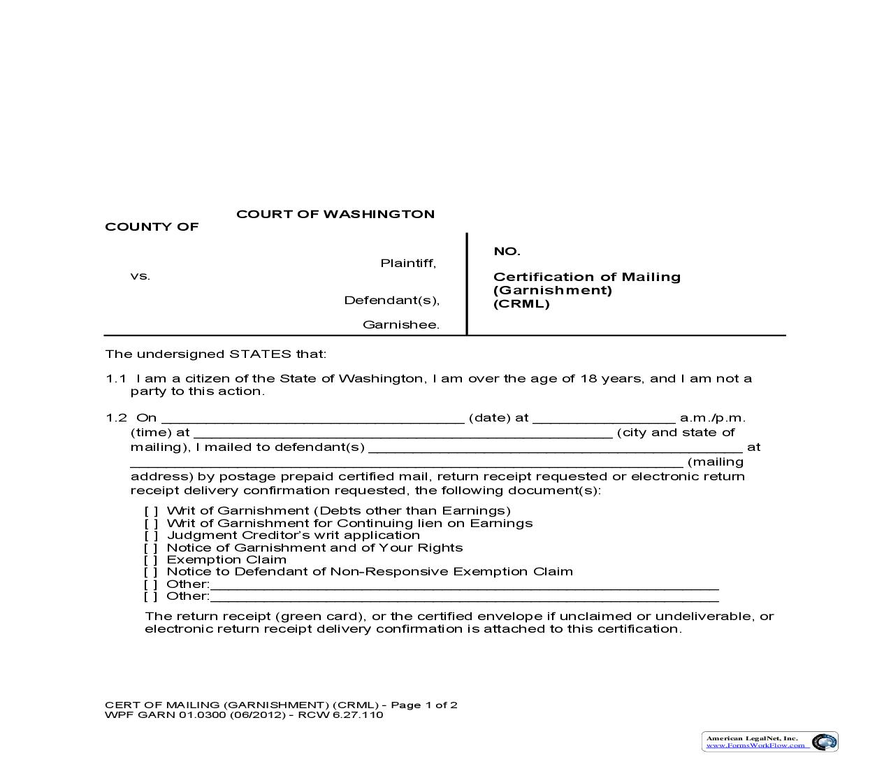 Certification Of Mailing {GARN 01.0300} | Pdf Fpdf Doc Docx | Washington