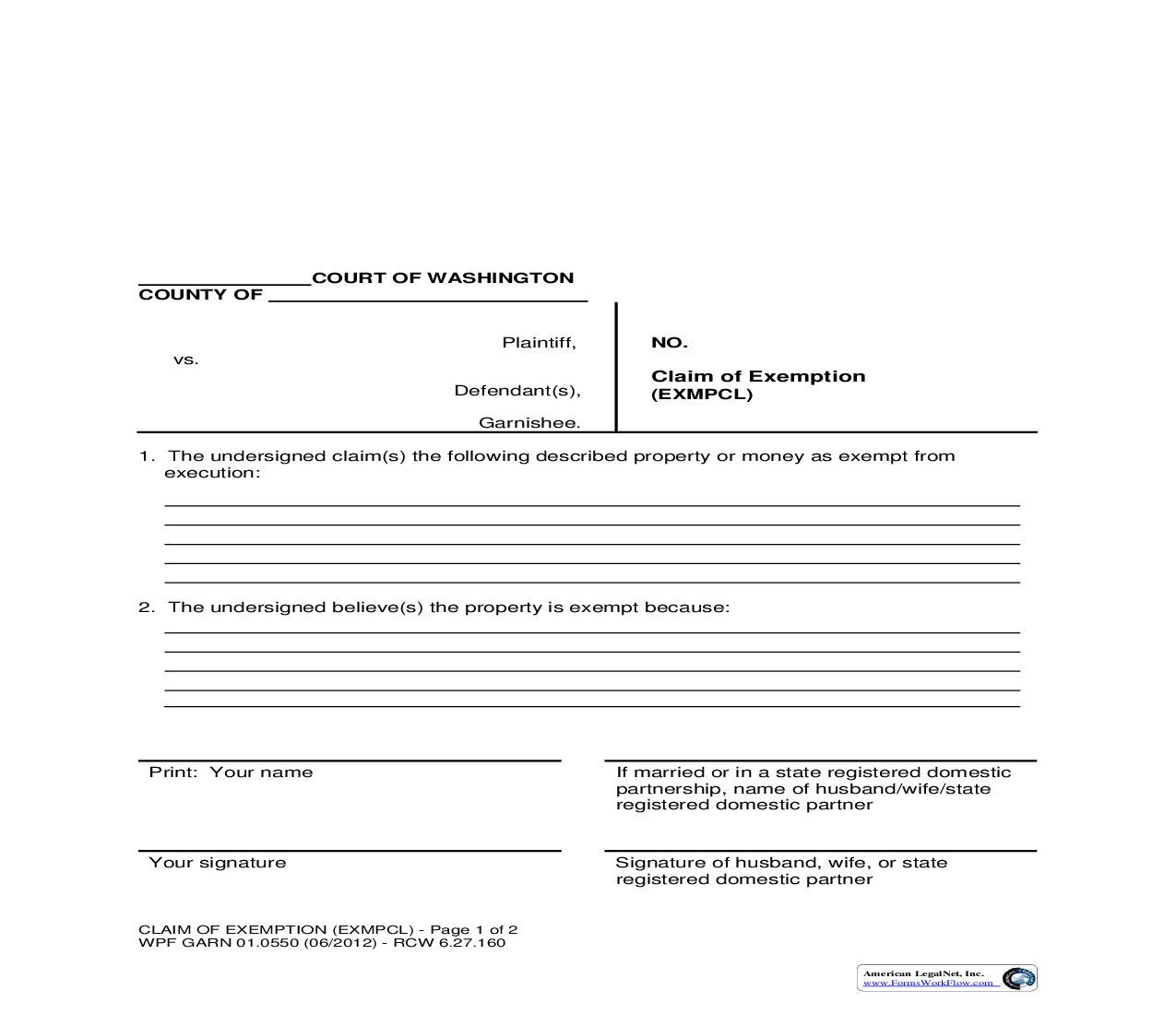 Claim Of Exemption {GARN 01.0550} | Pdf Fpdf Doc Docx | Washington