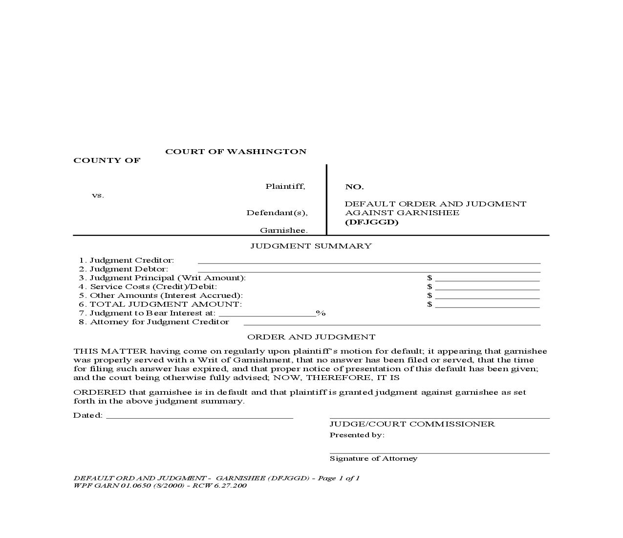 Default Order And Judgment Against Ganishee {GARN 01.0650} | Pdf Fpdf Doc Docx | Washington