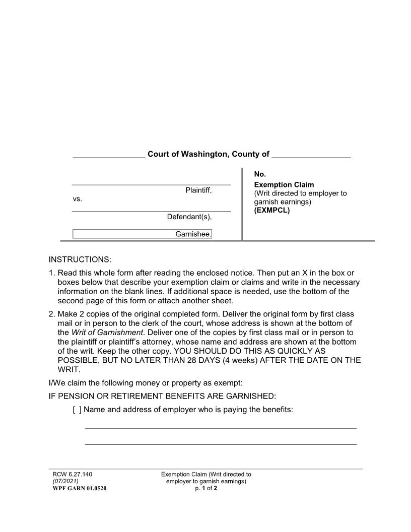 Exemption Claim Writ Directed To Employer {GARN 01.0520} | Pdf Fpdf Docx | Washington