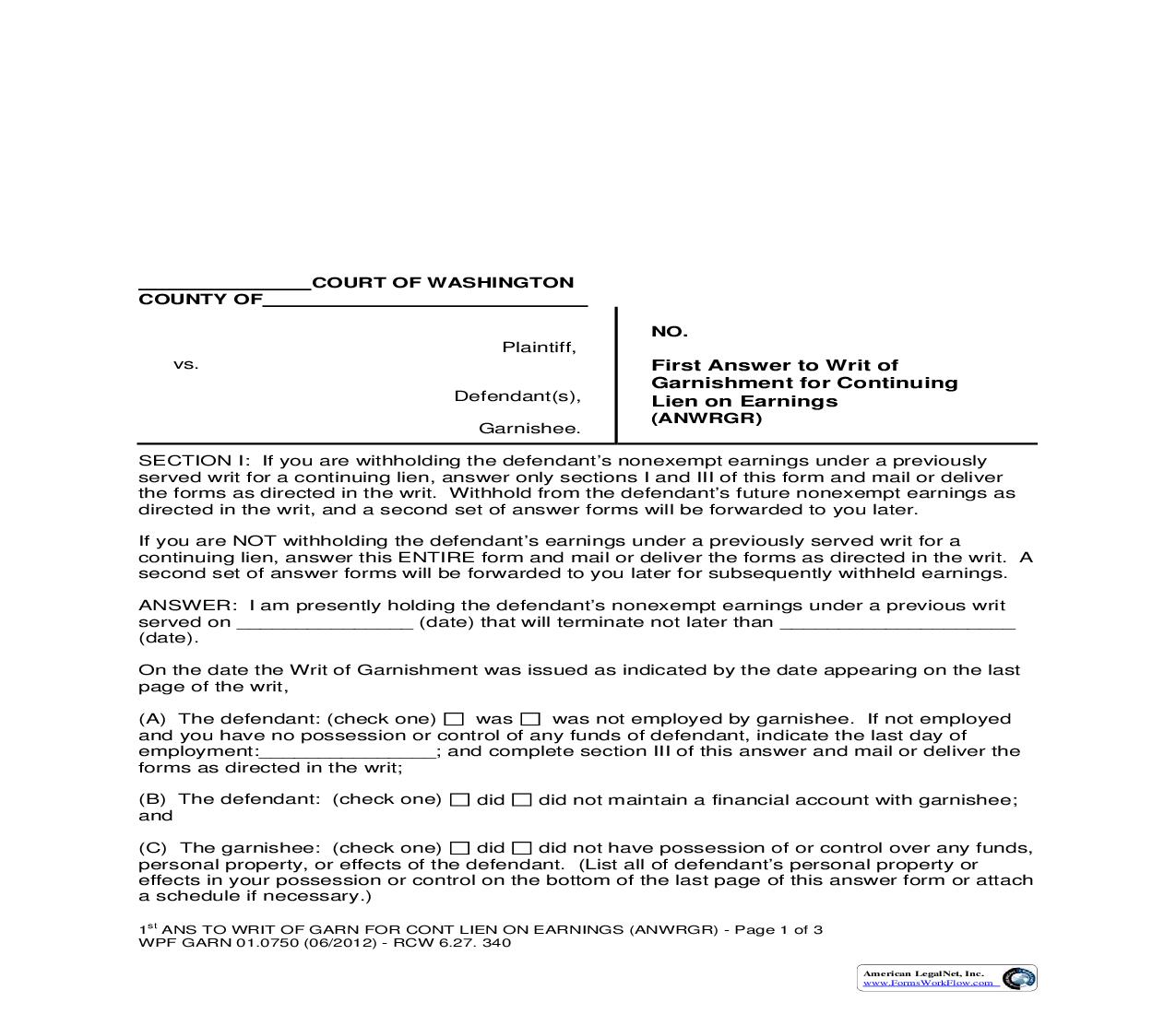 First Answer To Writ Of Garnishment For Coninuing Lien On Earnings {GARN 01.0750} | Pdf Fpdf Doc Docx | Washington