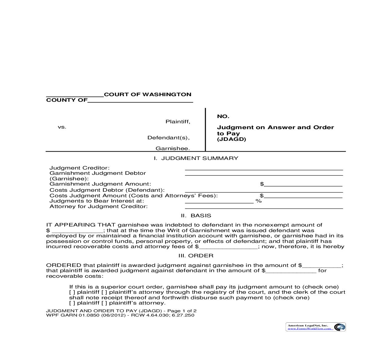 Judgment On Answer And Order To Pay {GARN 01.0850} | Pdf Fpdf Doc Docx | Washington