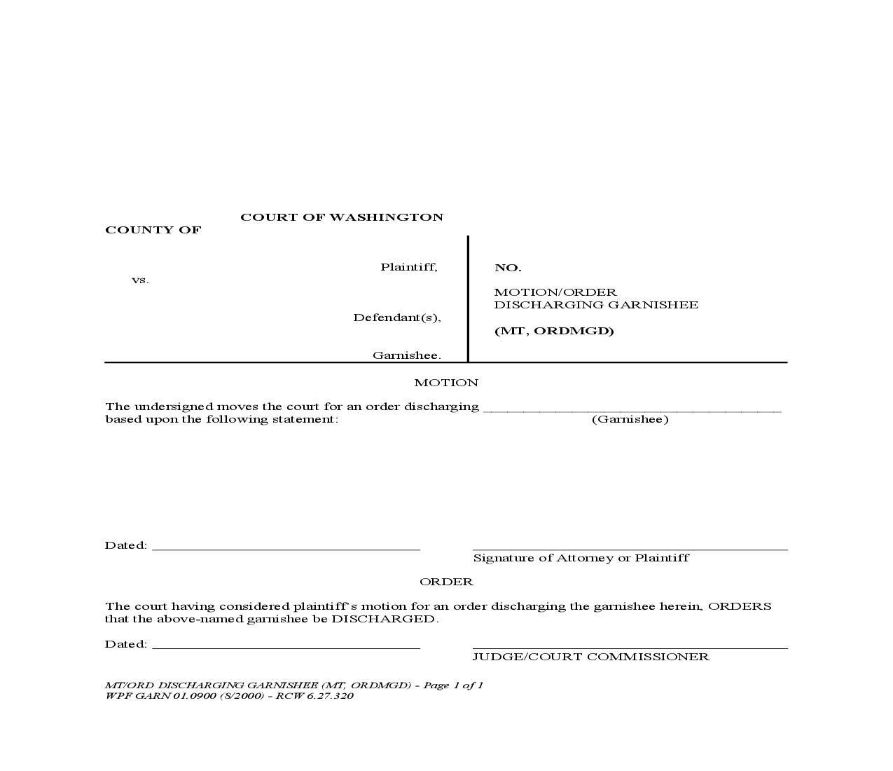 Motion Order Discharge Garnishee {GARN 01.0900} | Pdf Fpdf Doc Docx | Washington