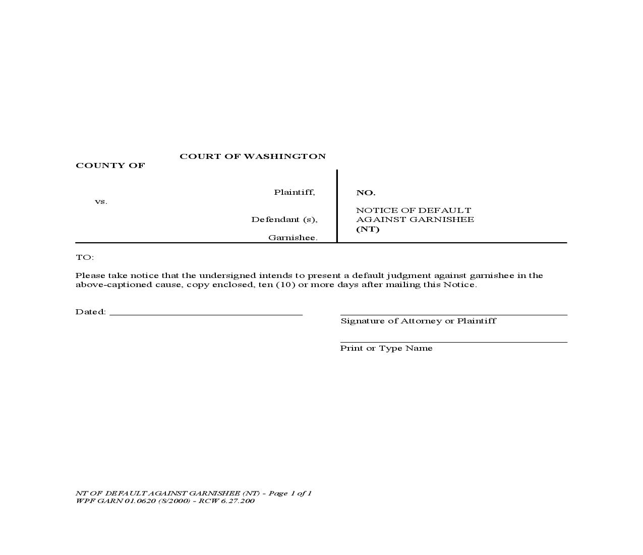 Notice Of Default Against Garnishee {GARN 01.0620} | Pdf Fpdf Doc Docx | Washington