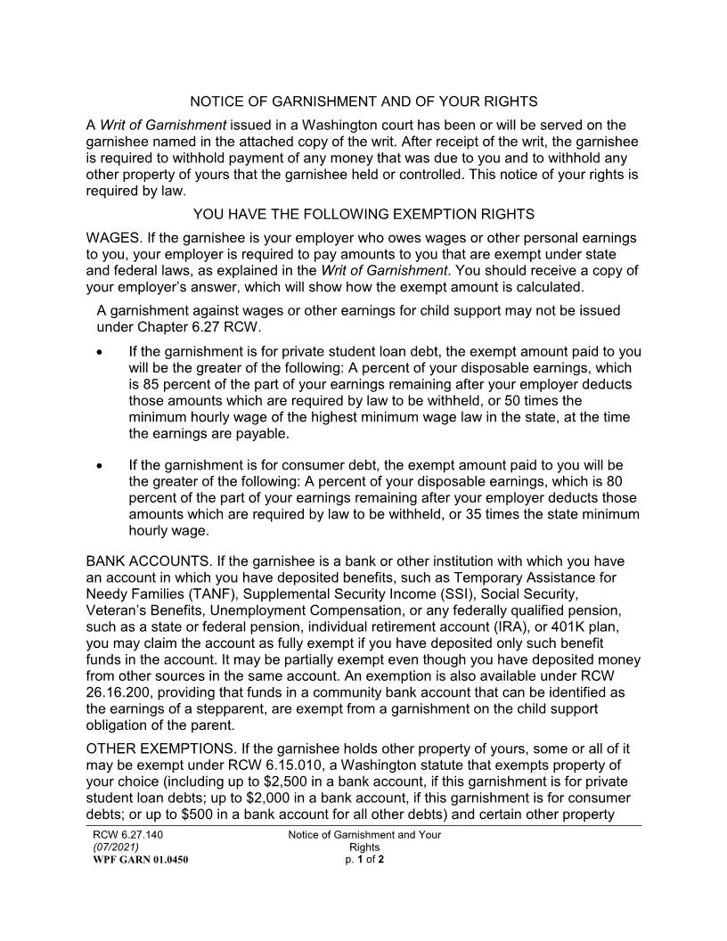 Notice Of Garnishment And Of Your Rights {GARN 01.0450} | Pdf Fpdf Docx | Washington