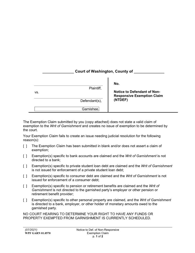 Notice To Defendant Of Non Responsive Exemption Claim {GARN 01.0570} | Pdf Fpdf Docx | Washington