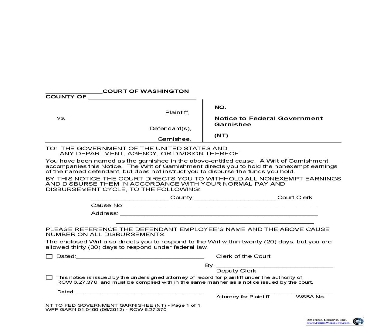Notice To Federal Government Garnishee {GARN 01.0400} | Pdf Fpdf Doc Docx | Washington