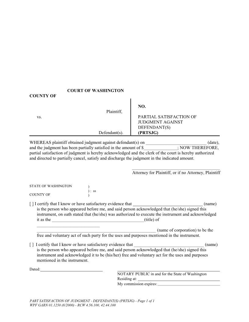 Partial Satisfaction Of Judgment Against Defendant {GARN 01.1250} | Pdf Fpdf Docx | Washington