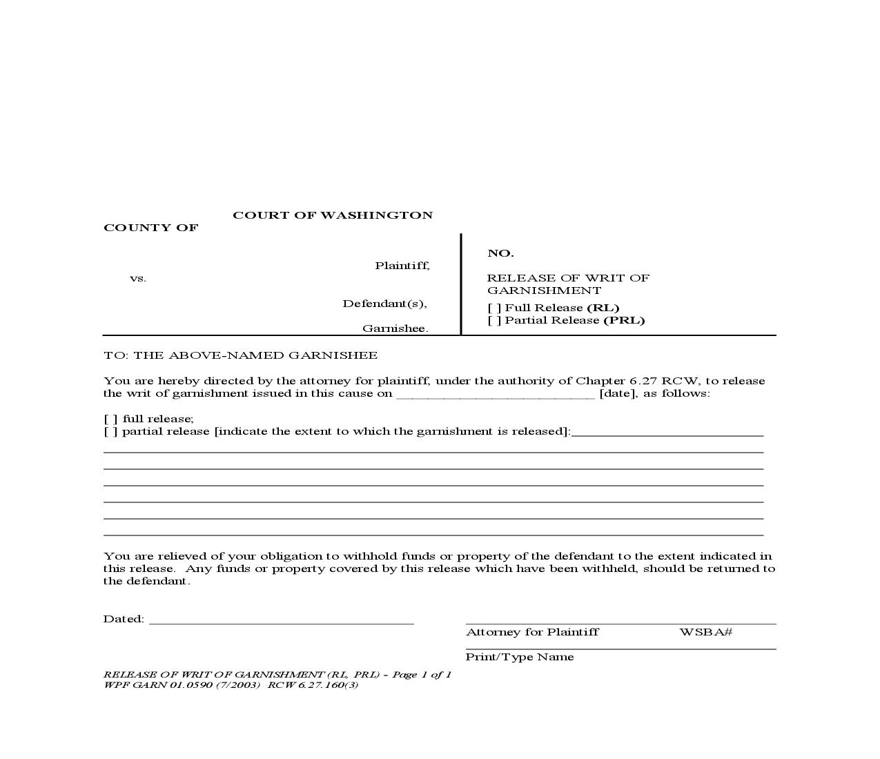 Release Of Writ Of Garnishment {GARN 01.0590} | Pdf Fpdf Doc Docx | Washington
