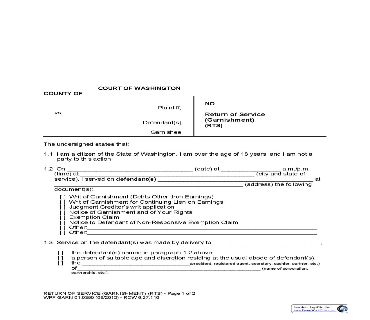 Return Of Service {GARN 01.0350} | Pdf Fpdf Doc Docx | Washington