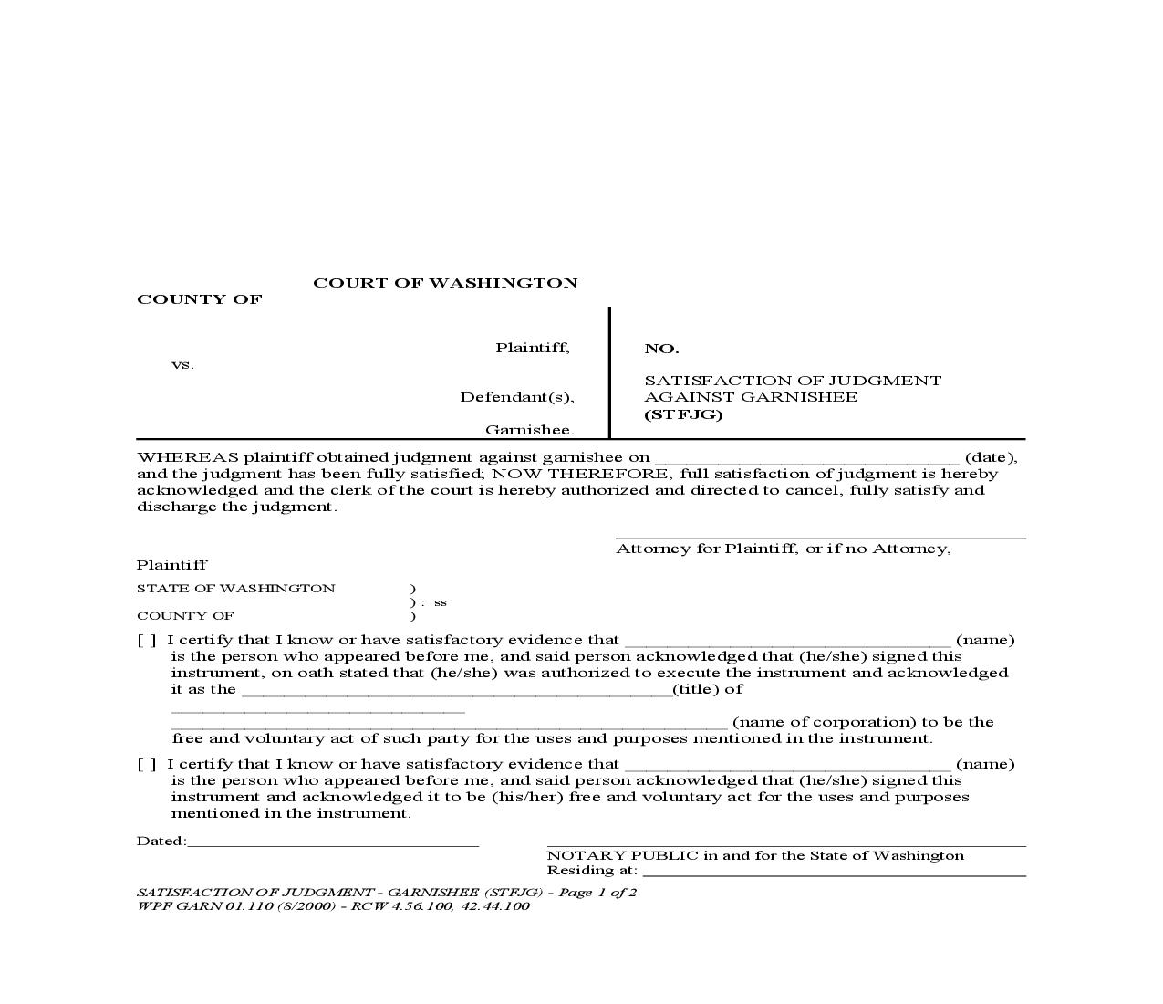Satisfaction Of Judgment Against Garnishee {GARN 01.1100} | Pdf Fpdf Docx | Washington