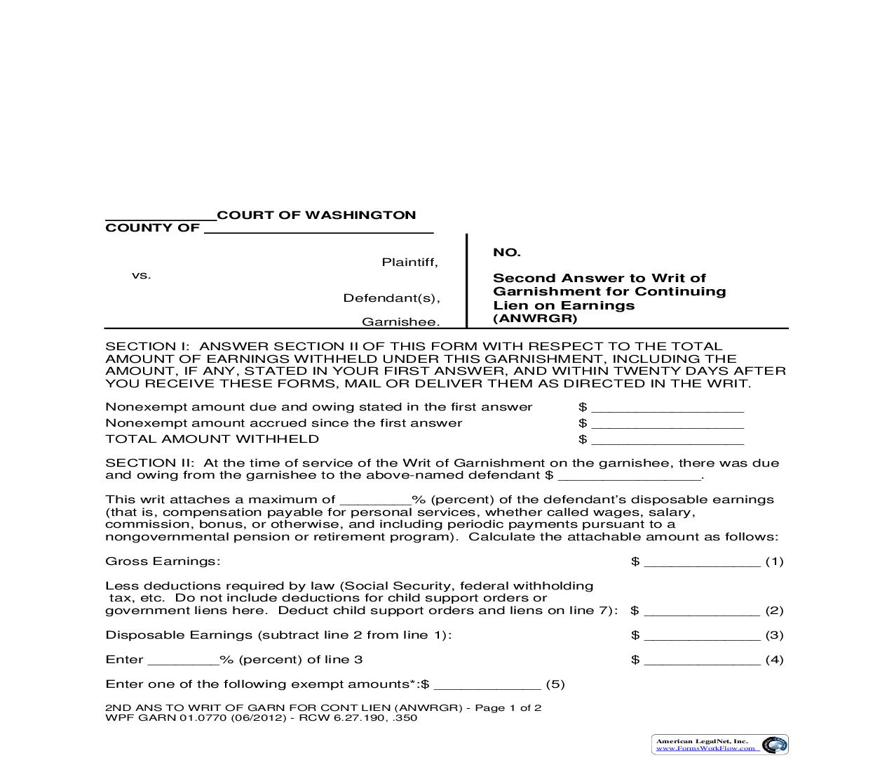 Second Answer To Writ Of Garnishment For Continuing Lien On Earnings {GARN 01.0770} | Pdf Fpdf Doc Docx | Washington