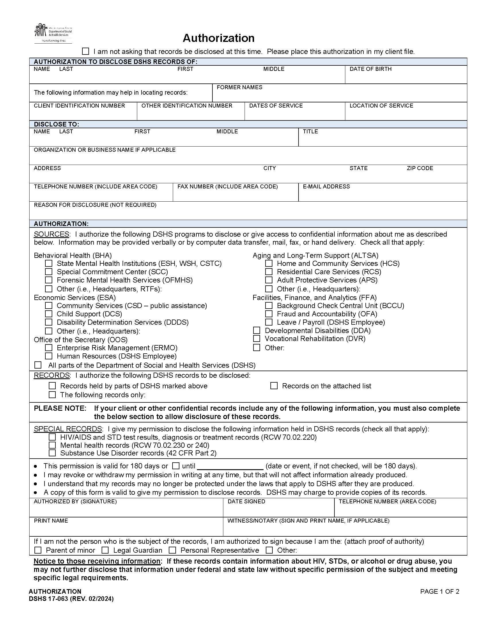 Authorization To Disclose Records {DHSH 17-063} | Pdf Fpdf Doc Docx | Washington