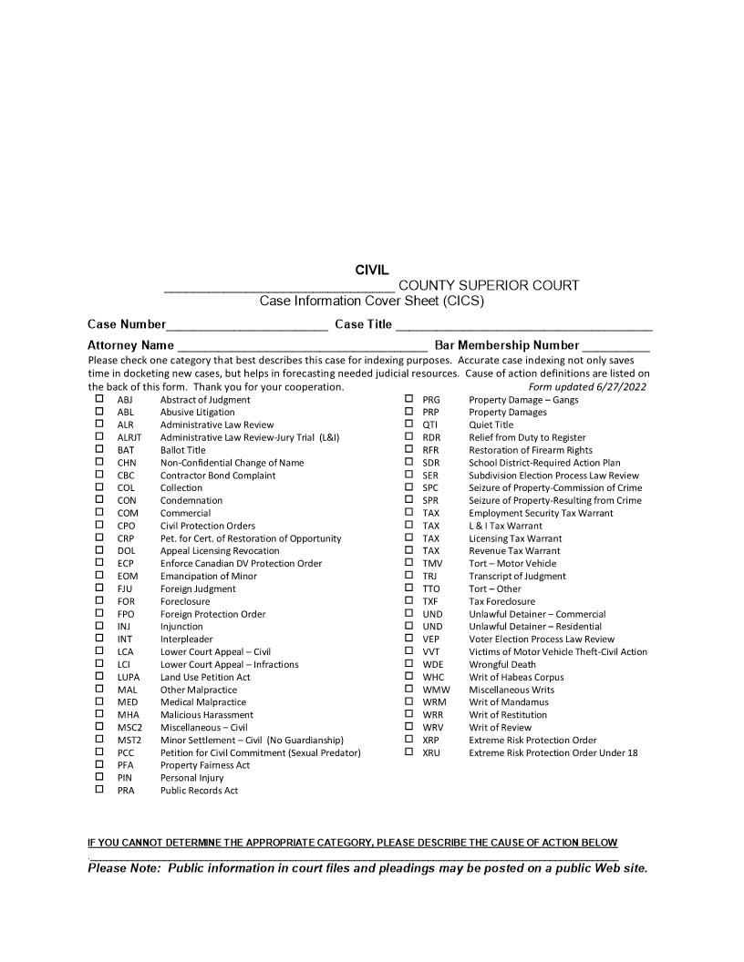 Case Information Cover Sheet Civil | Pdf Fpdf Docx | Washington