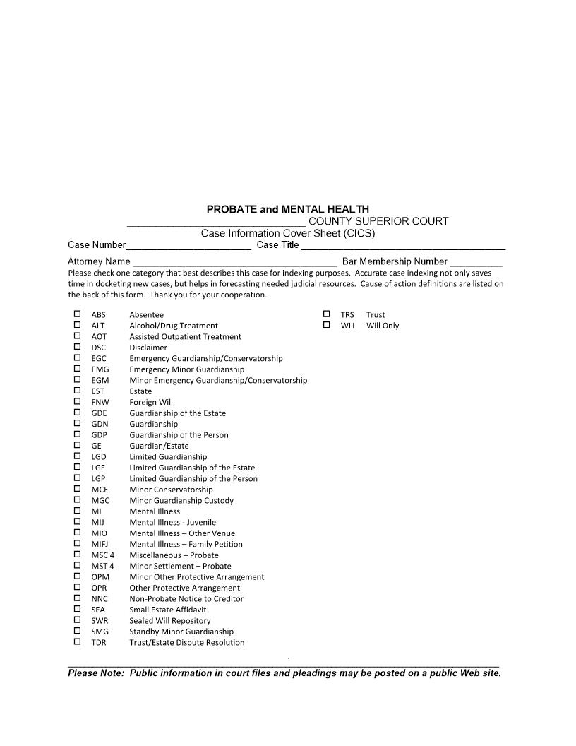 Case Information Cover Sheet Probate and Mental Health | Pdf Fpdf Docx | Washington