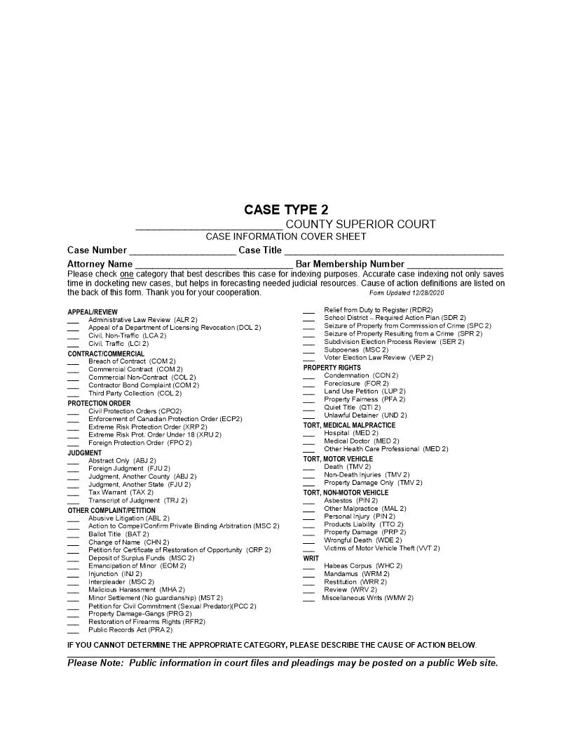 Case Information Cover Sheet Superior Court | Pdf Fpdf Doc Docx | Washington