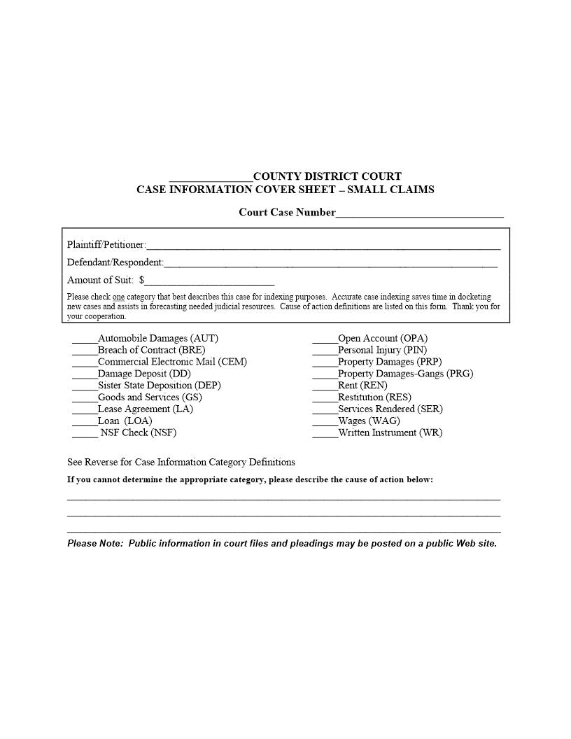 Case information Cover Sheet Small Claims | Pdf Fpdf Docx | Washington