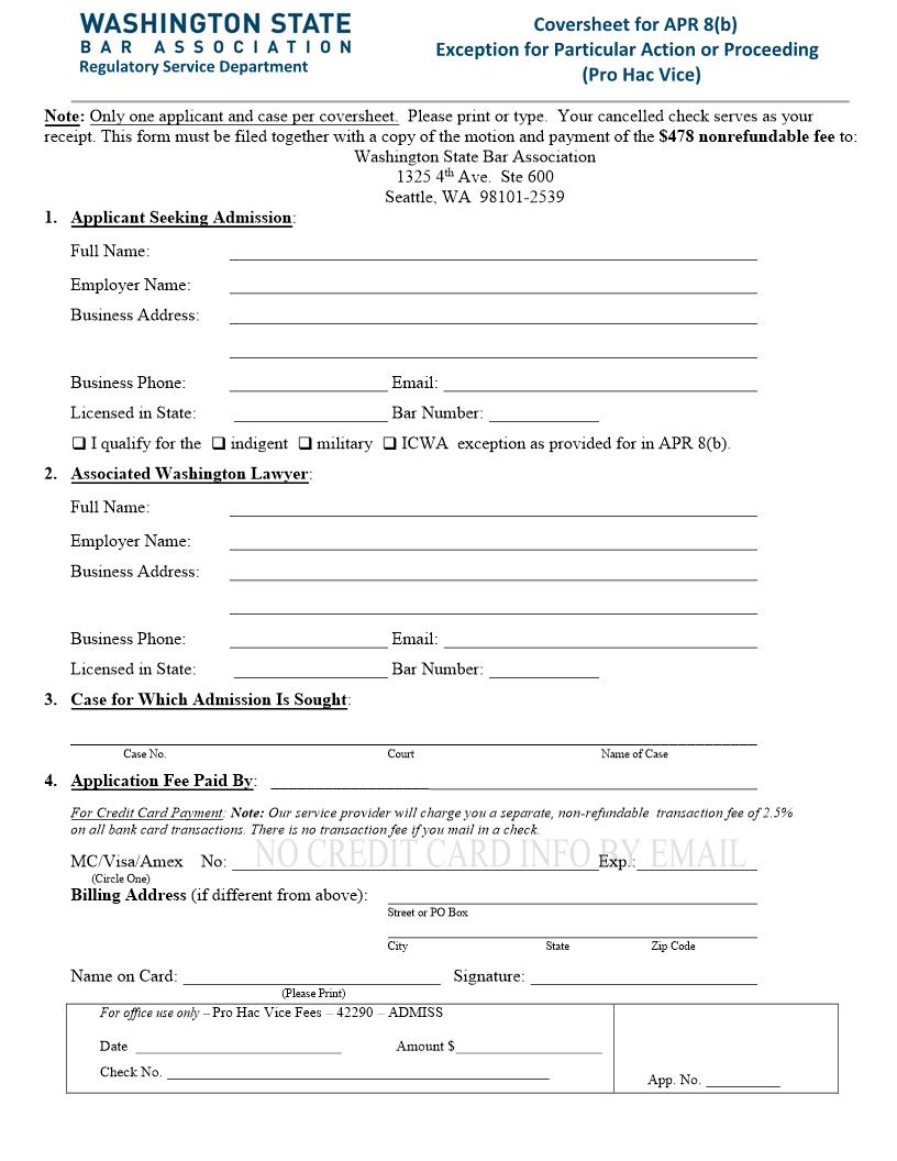 Coversheet Exception For Particular Action Or Proceeding Pro Hac Vice | Pdf Fpdf Docx | Washington