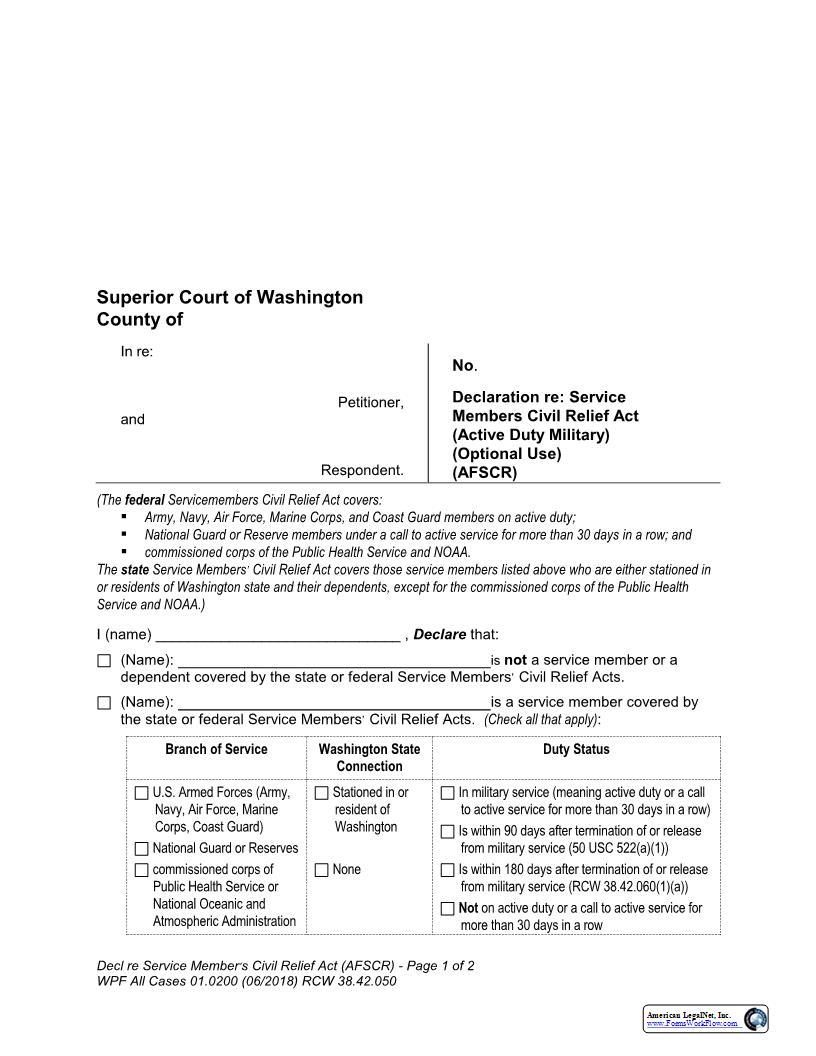 Declaration Re service Members Civil Relief Act {WPF 01.0200} | Pdf Fpdf Docx | Washington