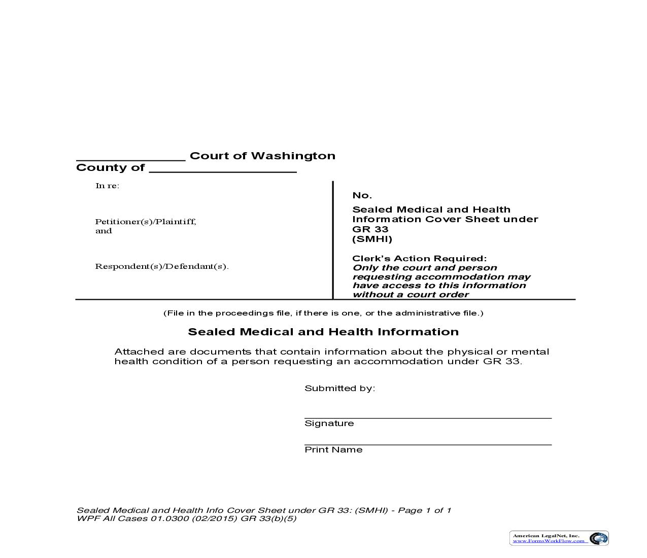 Sealed Medical and Health Information (Cover Sheet) {WPF 01.0300} | Pdf Fpdf Doc Docx | Washington