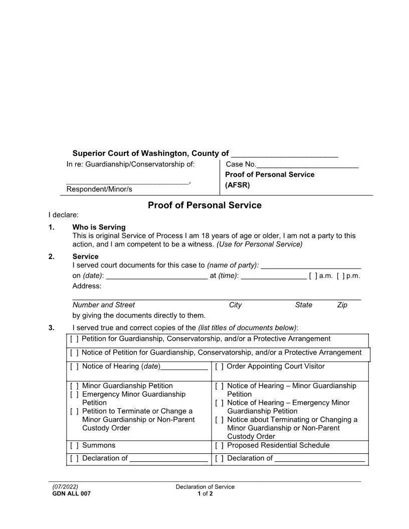 Declaration Of Service {GDN ALL 007} | Pdf Fpdf Docx | Washington