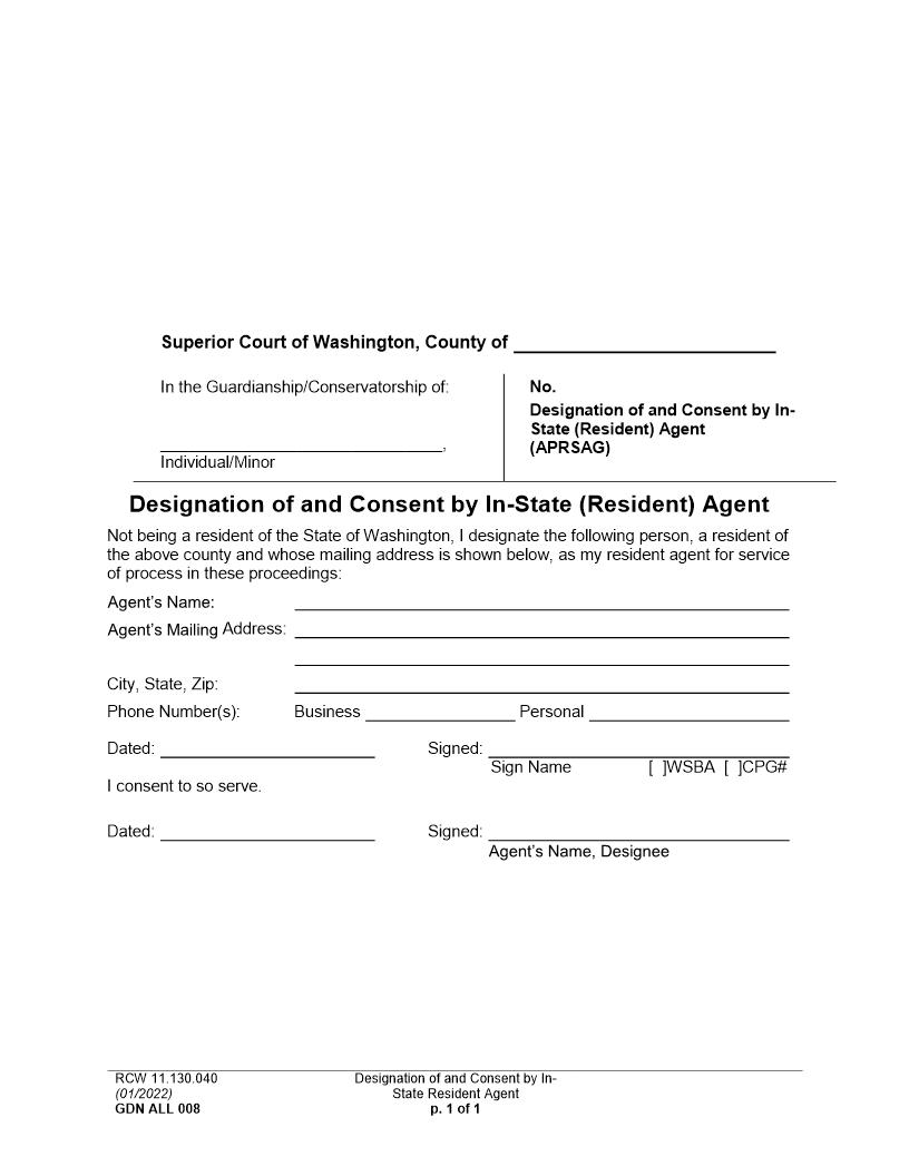 Designation Of And Consent By In State Resident Agent {GDN ALL 008} | Pdf Fpdf Docx | Washington