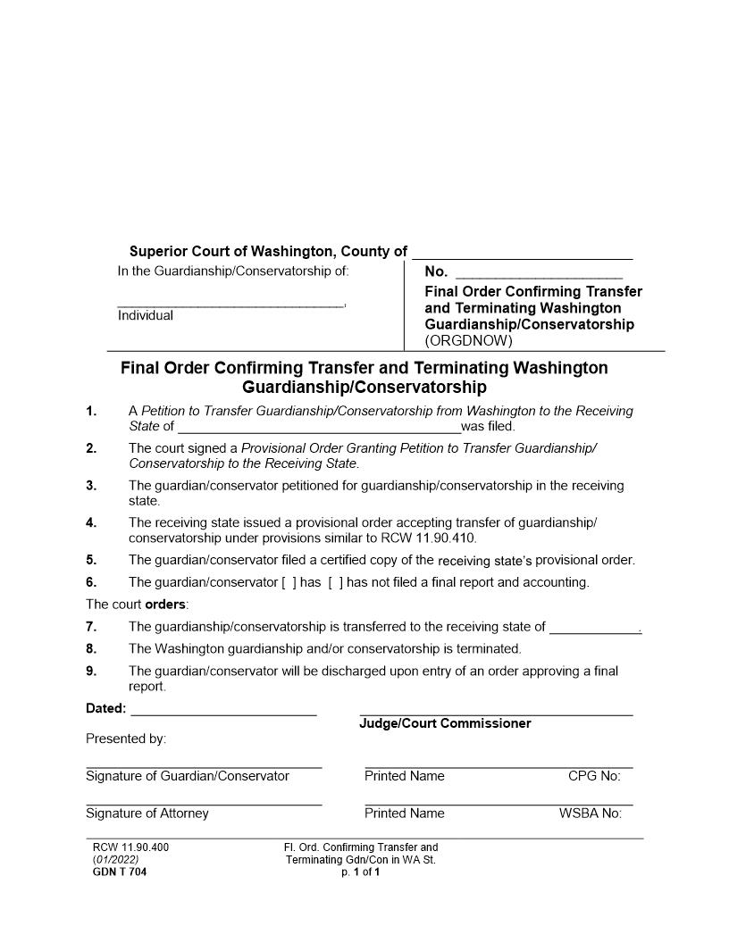 Final Order Confirming Transfer And Terminating Washington Guardianship {GDN T 704} | Pdf Fpdf Docx | Washington