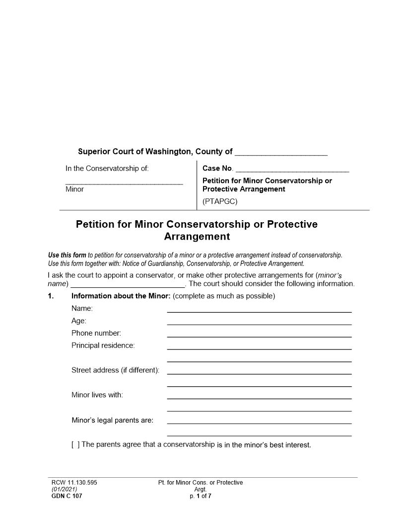 Minor Conservatorship Petition {GDN C 107} | Pdf Fpdf Docx | Washington