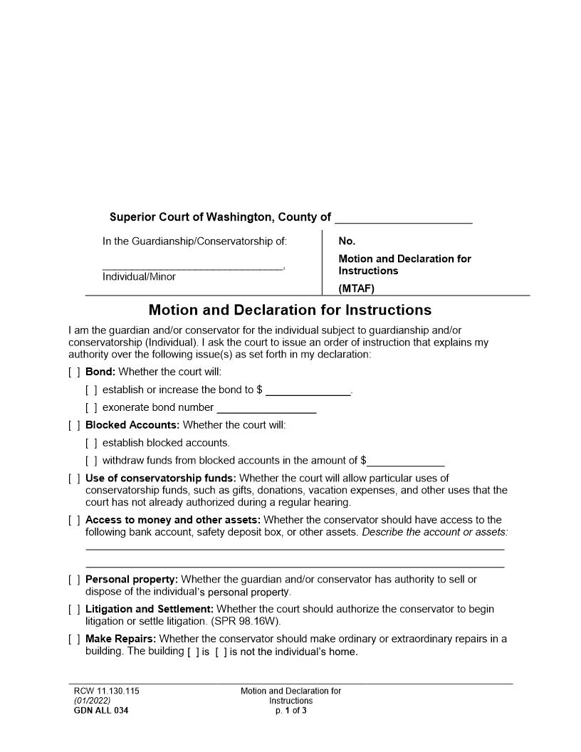 Motion And Declaration For Instructions {GDN ALL 034} | Pdf Fpdf Docx | Washington