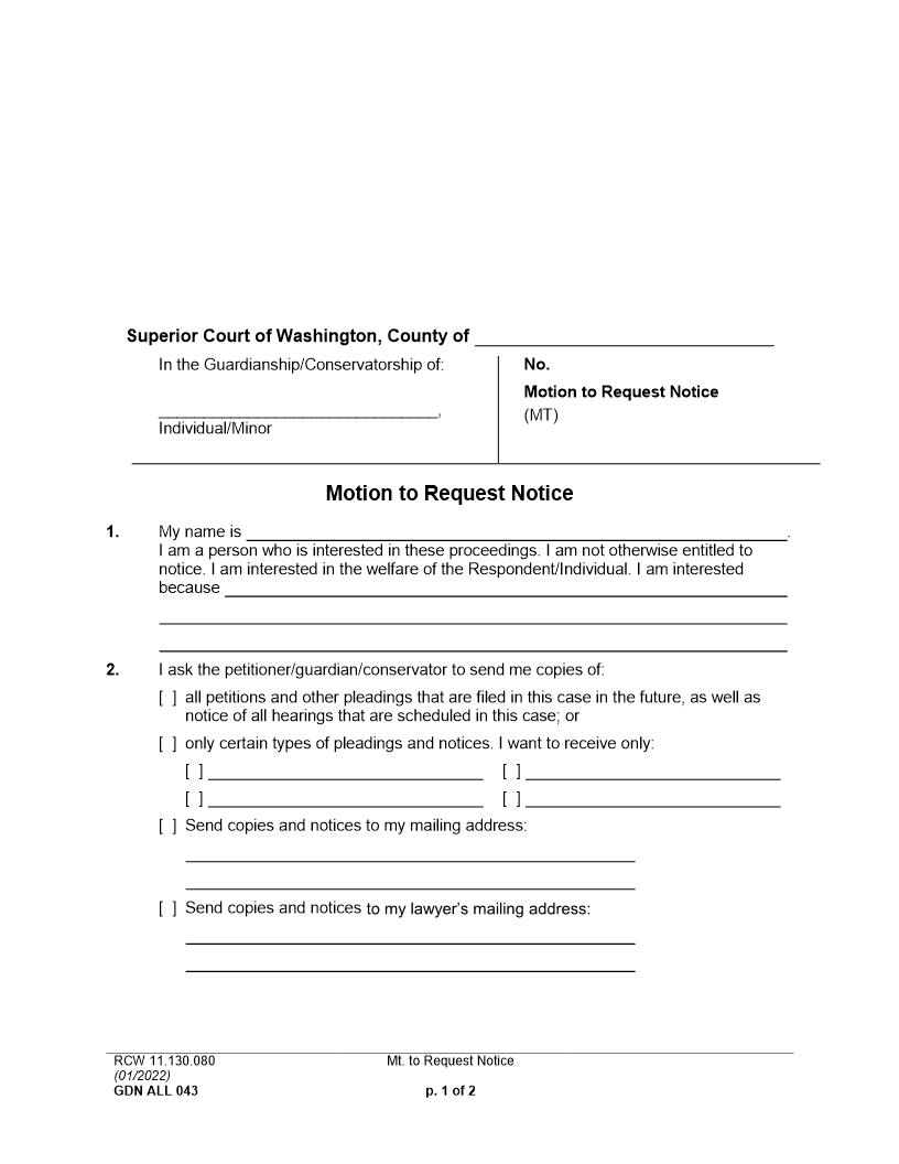 Motion And Order On Motion To Request Notice {GDN ALL 43 44} | Pdf Fpdf Docx | Washington