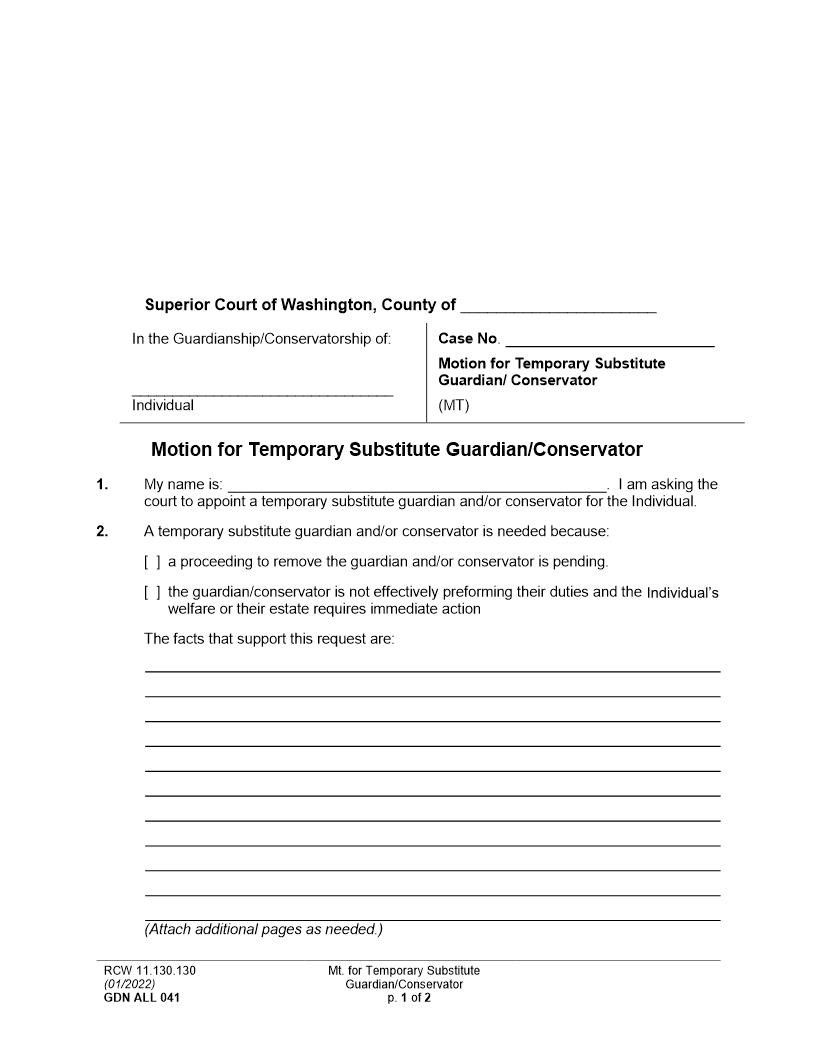 Motion For A Temporary Substitute Guardian and Or Conservator {GDN ALL 041} | Pdf Fpdf Docx | Washington