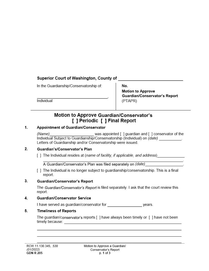Motion For Approval Of Guardians Conservators Report {GDN R 205} | Pdf Fpdf Docx | Washington