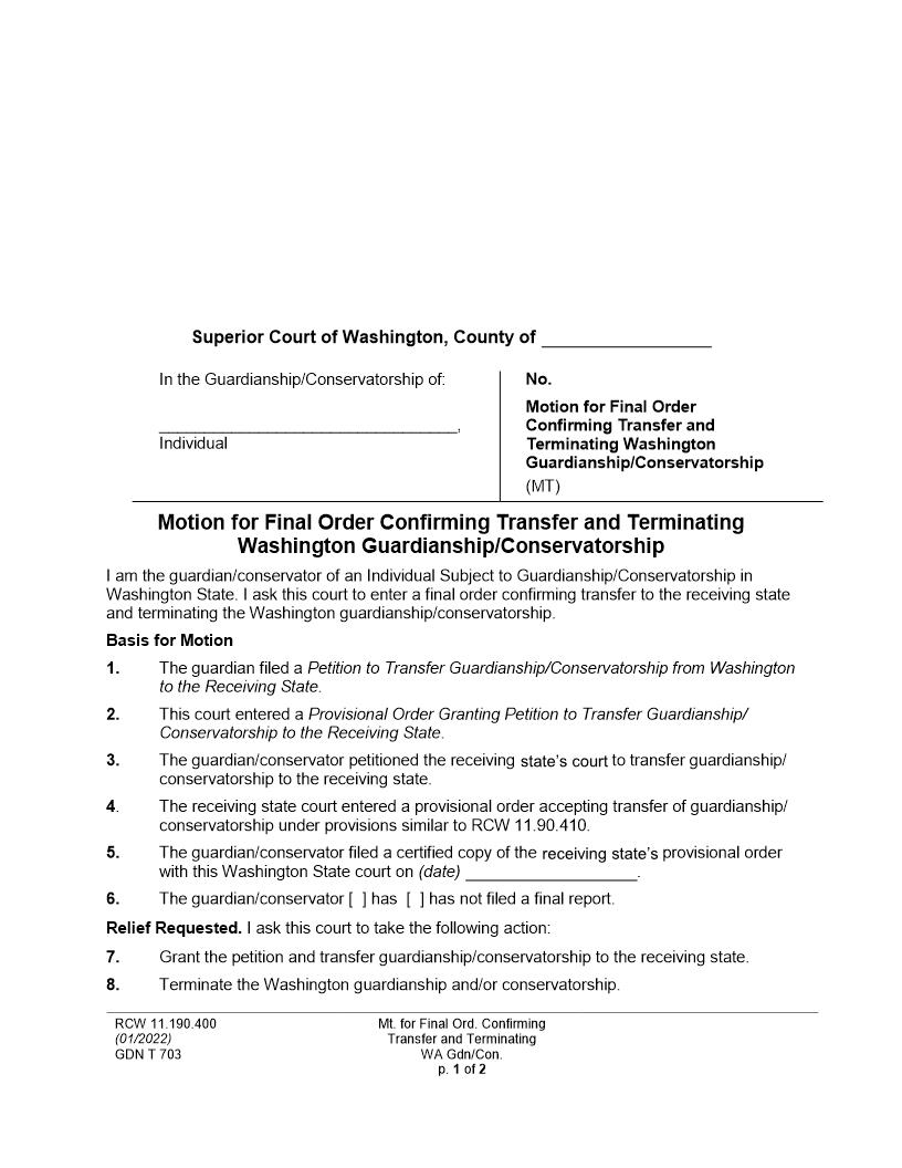 Motion For Final Order Confirming Transfer And Terminating The Washington Guardianship {GDN T 703} | Pdf Fpdf Docx | Washington