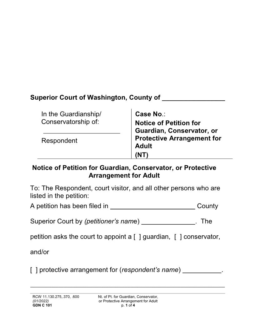 Notice Of Petition For Guardian Conservator Protective Arrangement For Adult {GDN C 101} | Pdf Fpdf Docx | Washington