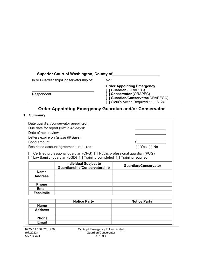 Order Appointing Emergency Full Or Limited Guardian Conservator {GDN E 303} | Pdf Fpdf Docx | Washington