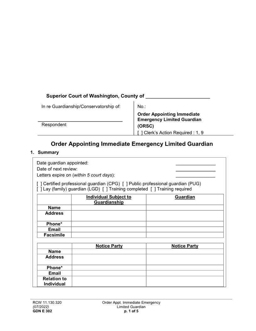 Order Appointing Immediate Emergency Guardian {GDN E 302} | Pdf Fpdf Docx | Washington
